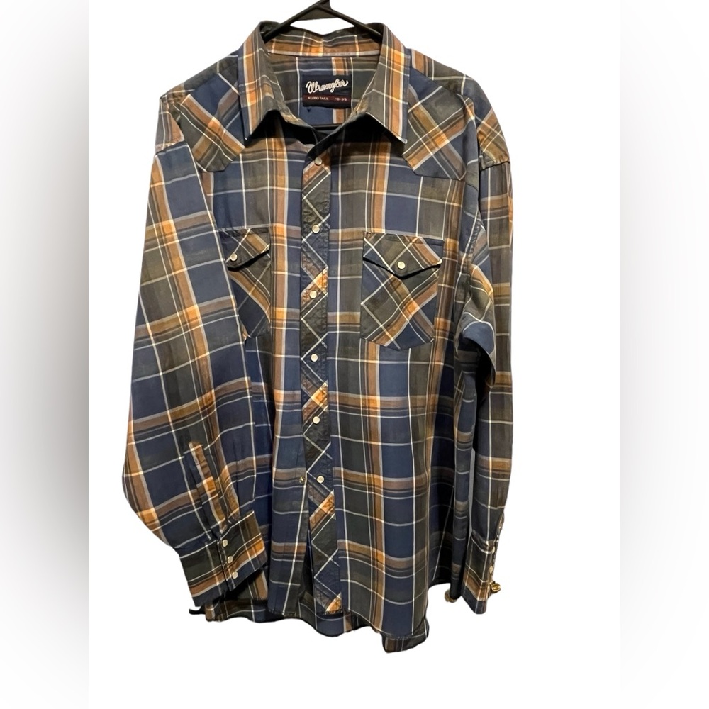 Vintage Wrangler Plaid Pearl Snap Navy Burnt Orange Xlong tail 18-35